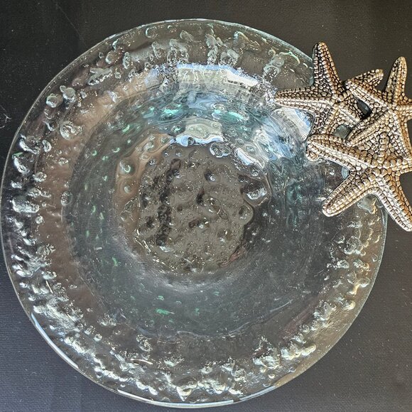 Glass Clear Textured Bubble Glass Small Bowl With Cluster of Silvertone Starfish - Picture 1 of 6